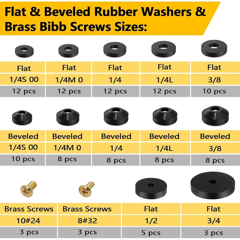 NBRINGO 114-Piece 12 Sizes Faucet Washer Assortment Kit - Flat & Beveled Rubber Washers & Brass Bibb Screws for Outdoor Spigot, Hose Bib, Garden Valve Repair Replacement - Image 2